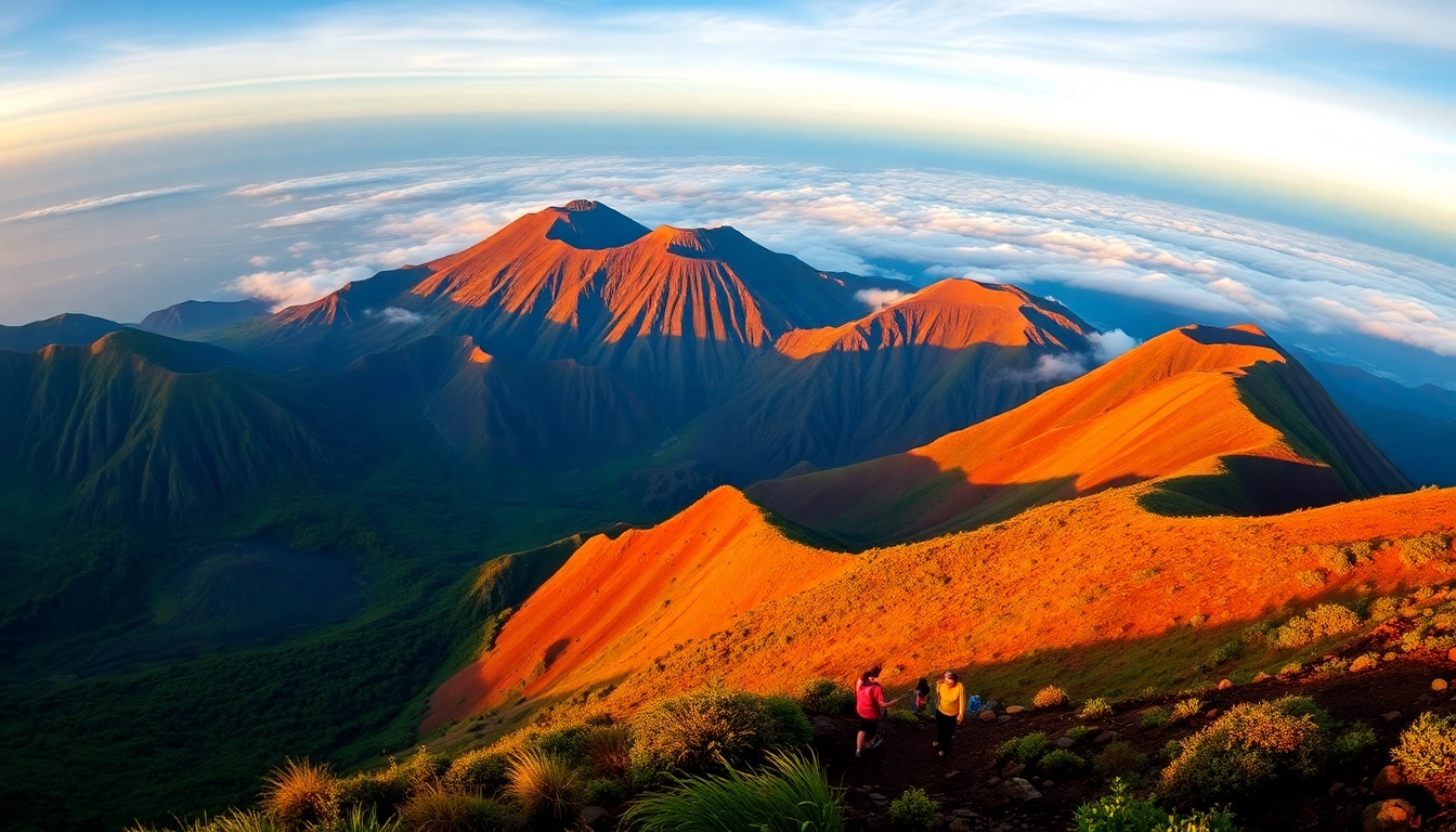 Majestic Mount Rinjani volcanic peak with lush slopes and surrounding forests, viewed during sunrise, perfect for adventure seekers and nature lovers.
