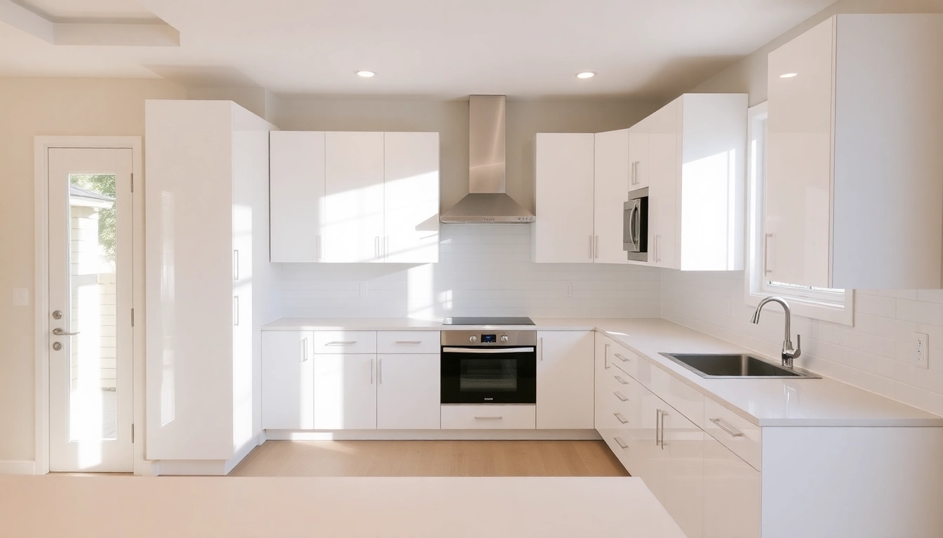 Remodeling experts renovating a contemporary kitchen with stylish cabinets and updated lighting for a fresh look.