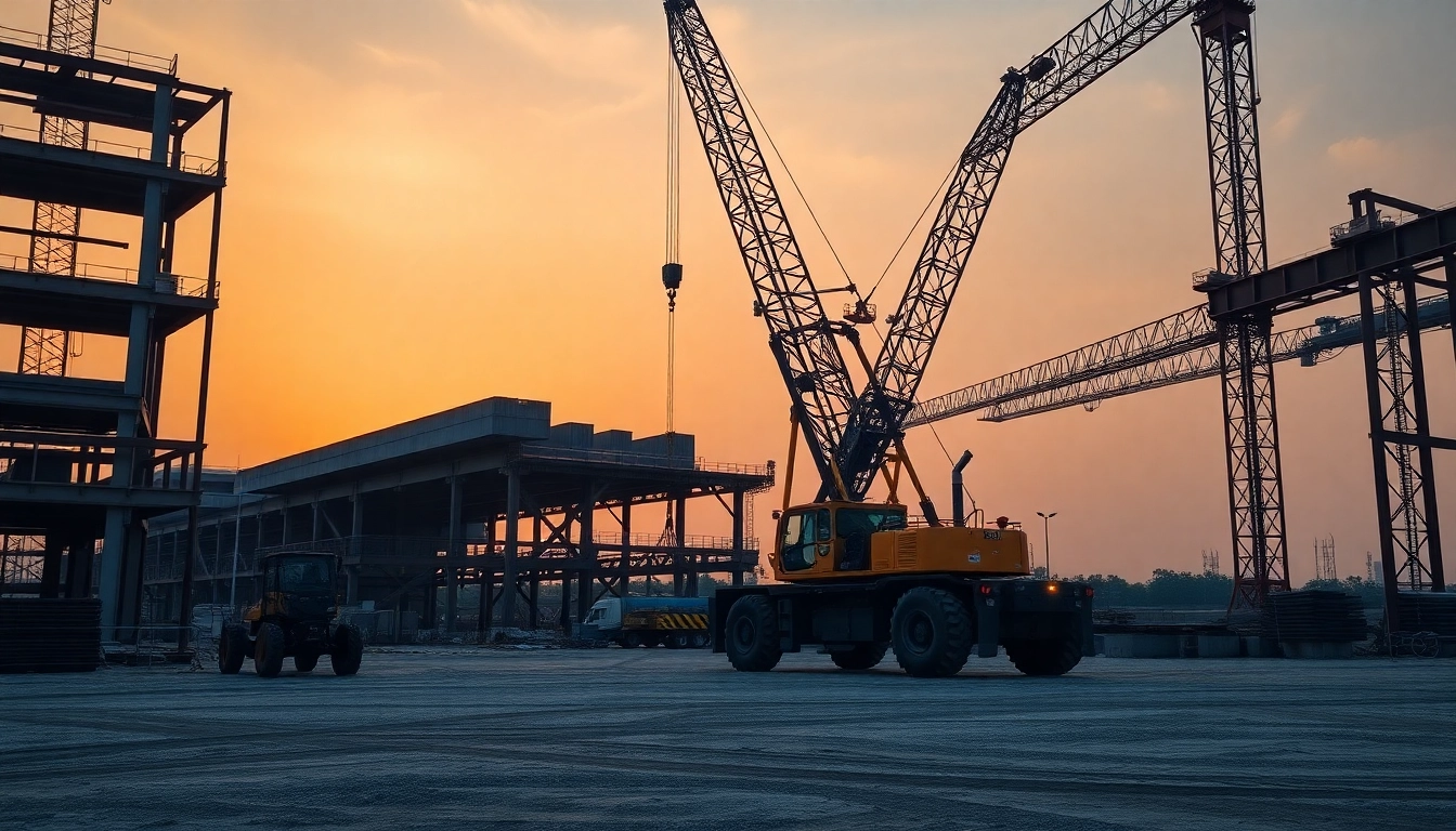 Reliable crane rental services on a busy construction site with a towering mobile crane in action, highlighting expertise and equipment quality.