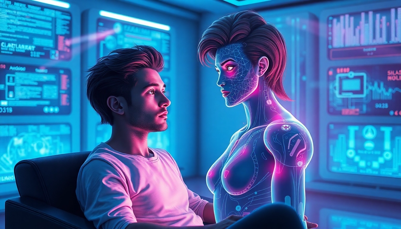 Futuristic scene of a person interacting with a realistic AI character in a high-tech environment.