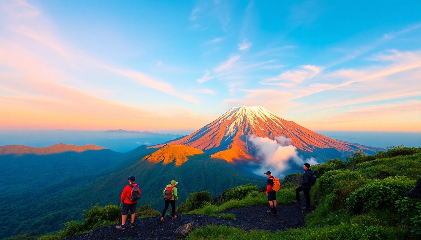 Hikers admiring Mount Rinjani at sunrise from a lush hillside trail