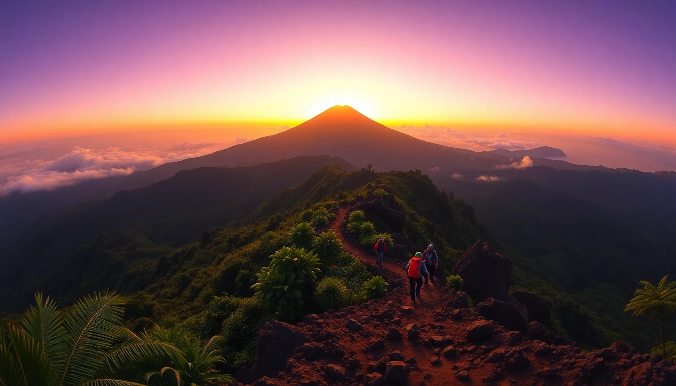 Hikers ascending Mount Rinjani at sunrise with lush greenery and volcanic terrain in the foreground