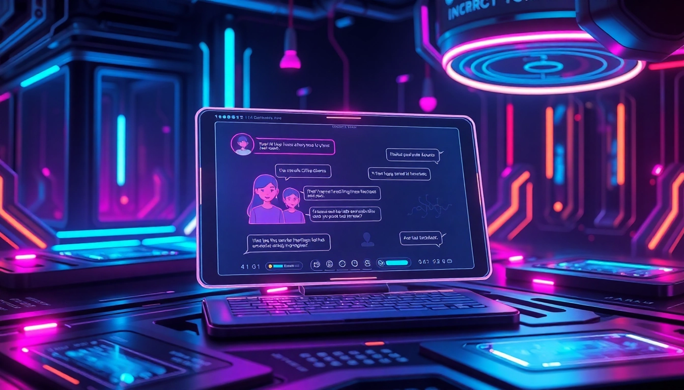 Futuristic AI chat interface with vibrant avatars in a cyberpunk environment