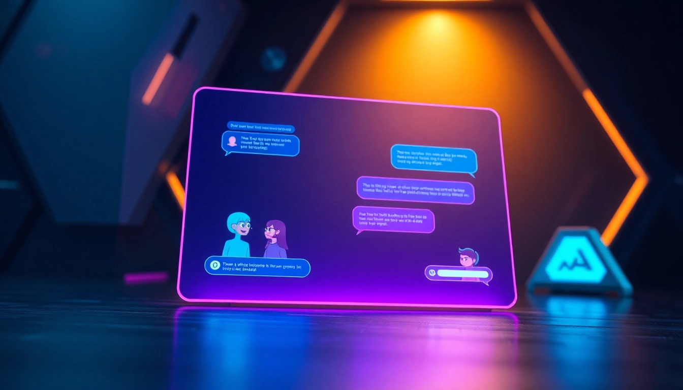 Futuristic digital chat interface with AI characters in conversation, glowing text bubbles, and sleek design elements.