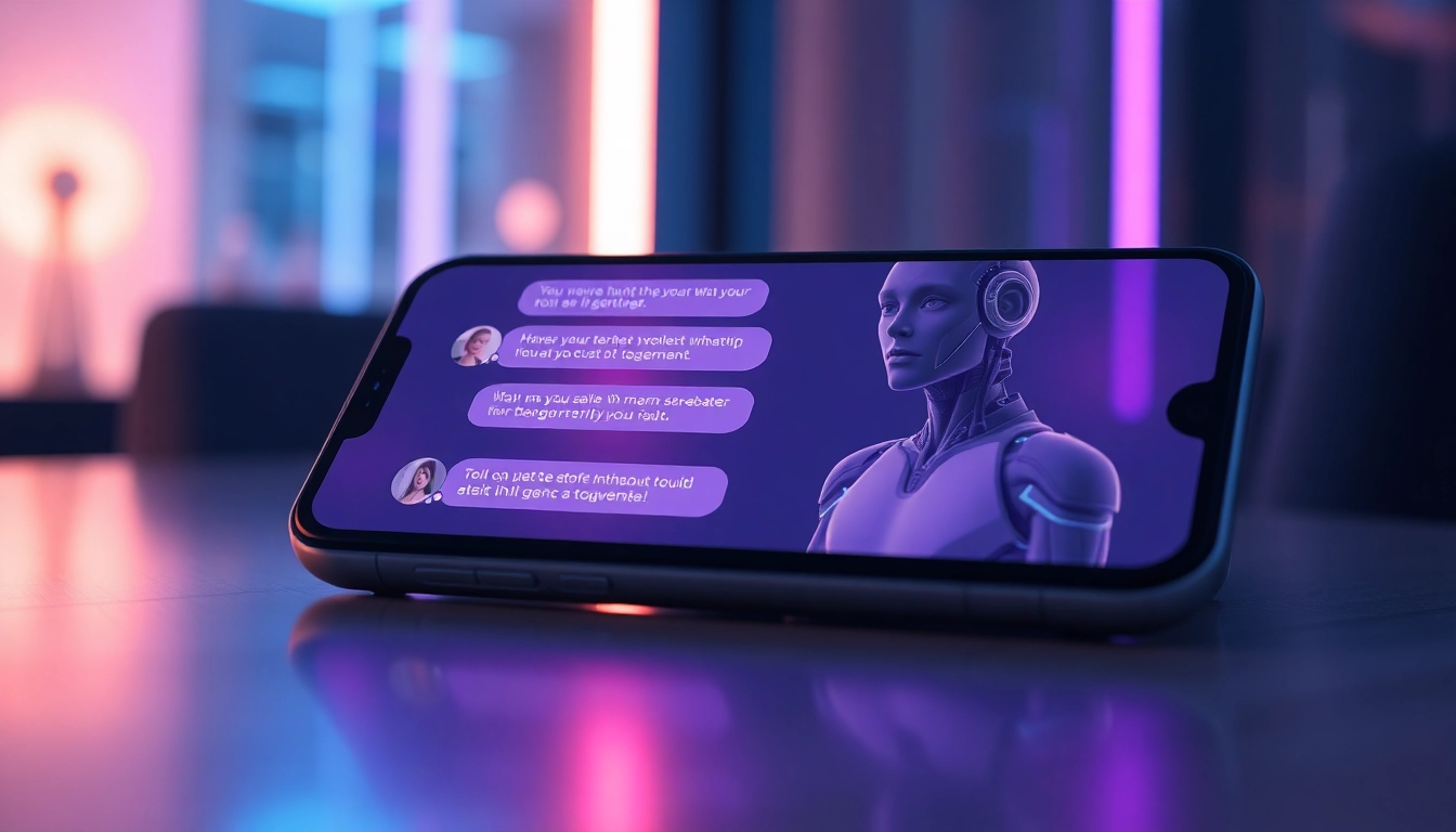 Digital illustration of a futuristic AI chatbot interface with a customizable character on a sleek device screen, ambient lighting, and a high-tech background.
