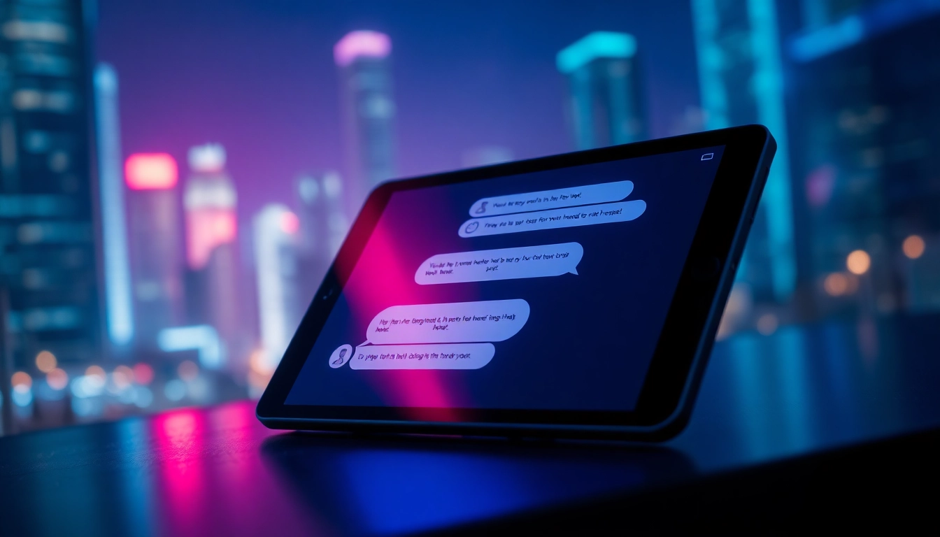 Futuristic digital chat on a sleek device with neon city background, representing spicy AI conversations.