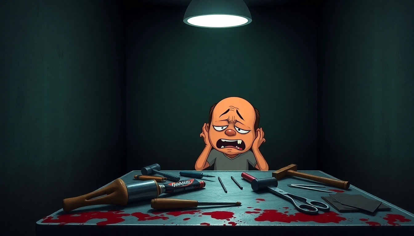 A disturbing scene of Harvey in distress in a dark room with ominous tools surrounding him, evoking psychological horror.