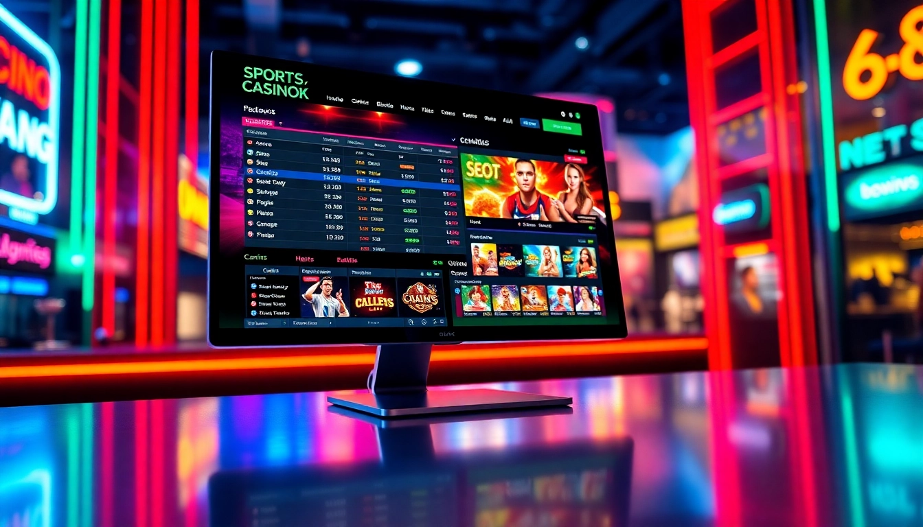 A colorful online sports betting and casino platform displayed on a computer screen with neon lights and digital graphics.