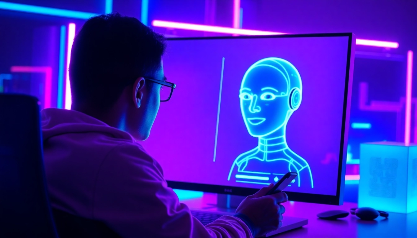 Futuristic digital chat interface with holographic AI character in neon-lit environment