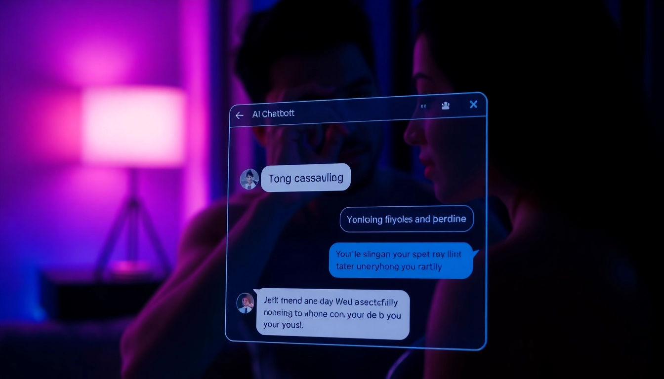 Digital chat interface with neon accents and flirtatious conversation window in a dimly lit, intimate setting.