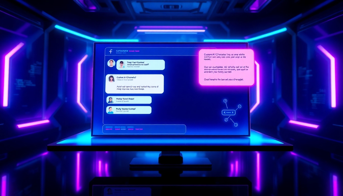 Futuristic AI chatbot interface with neon accents and holographic elements in a high-tech environment.