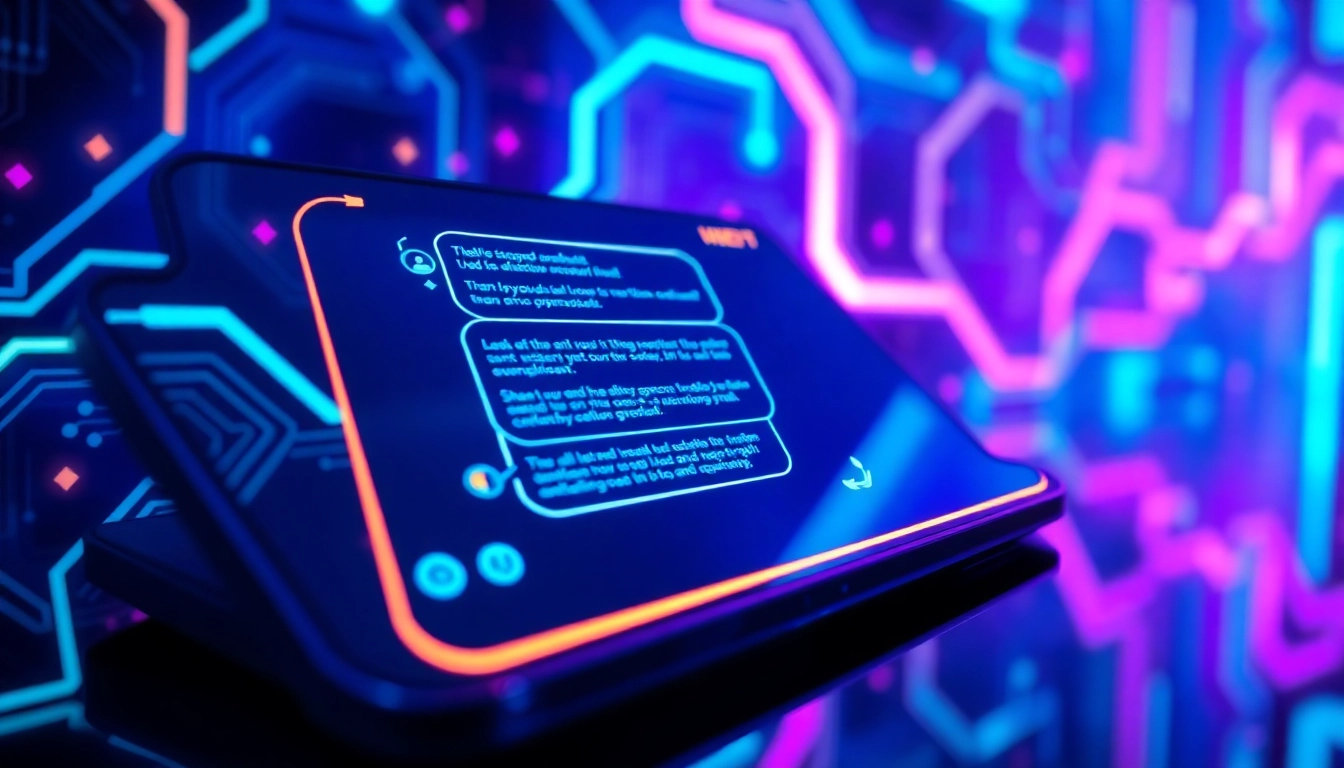 Futuristic AI chatbot interface with neon accents and digital patterns