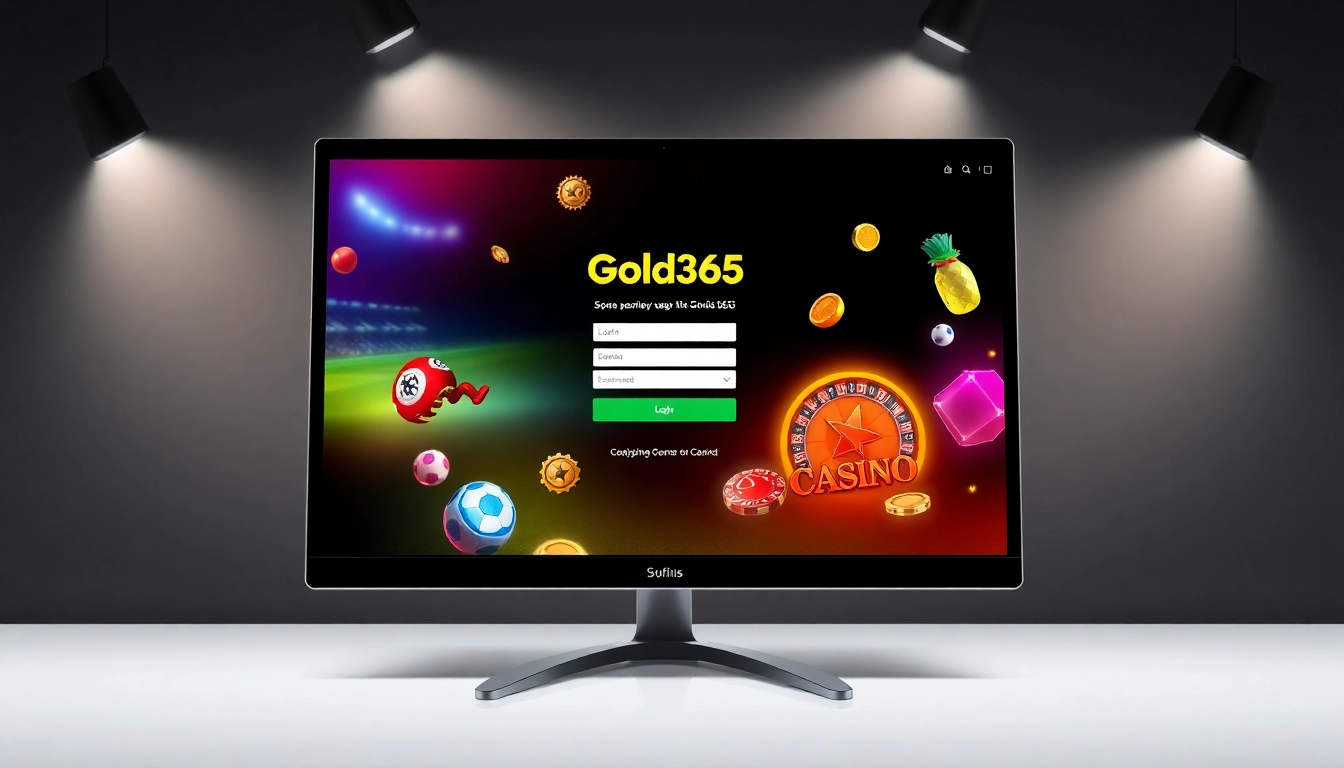 Gold365 login page displayed on a laptop screen with sports and casino elements, highlighting secure access for online betting users.
