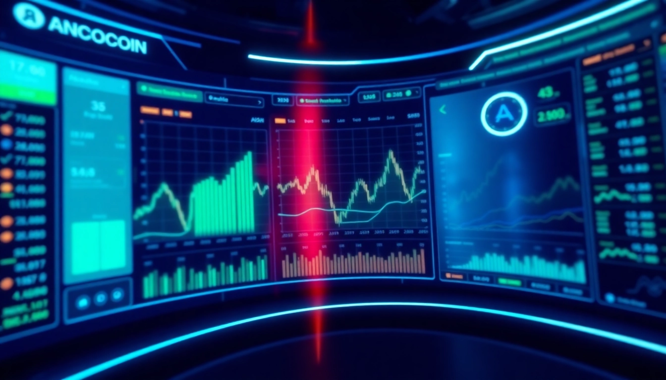 High-tech finance scene showcasing real-time aicoin market analytics on a digital screen with